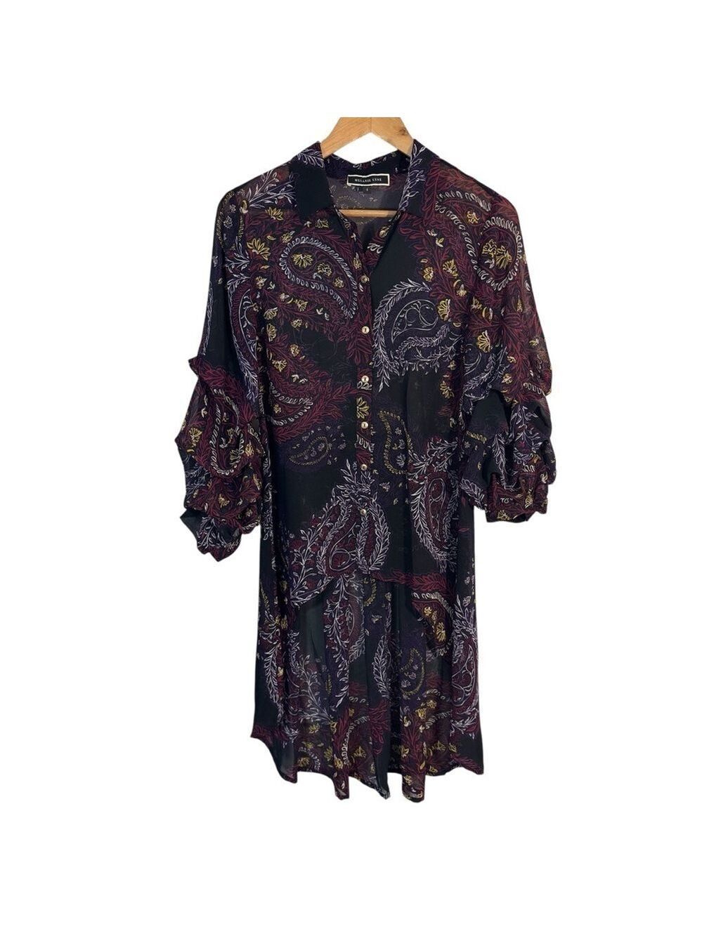 Melanie Lyne Puff Sleeve Blouse 4 Dark Paisley Floral Longline Button Up Shirt